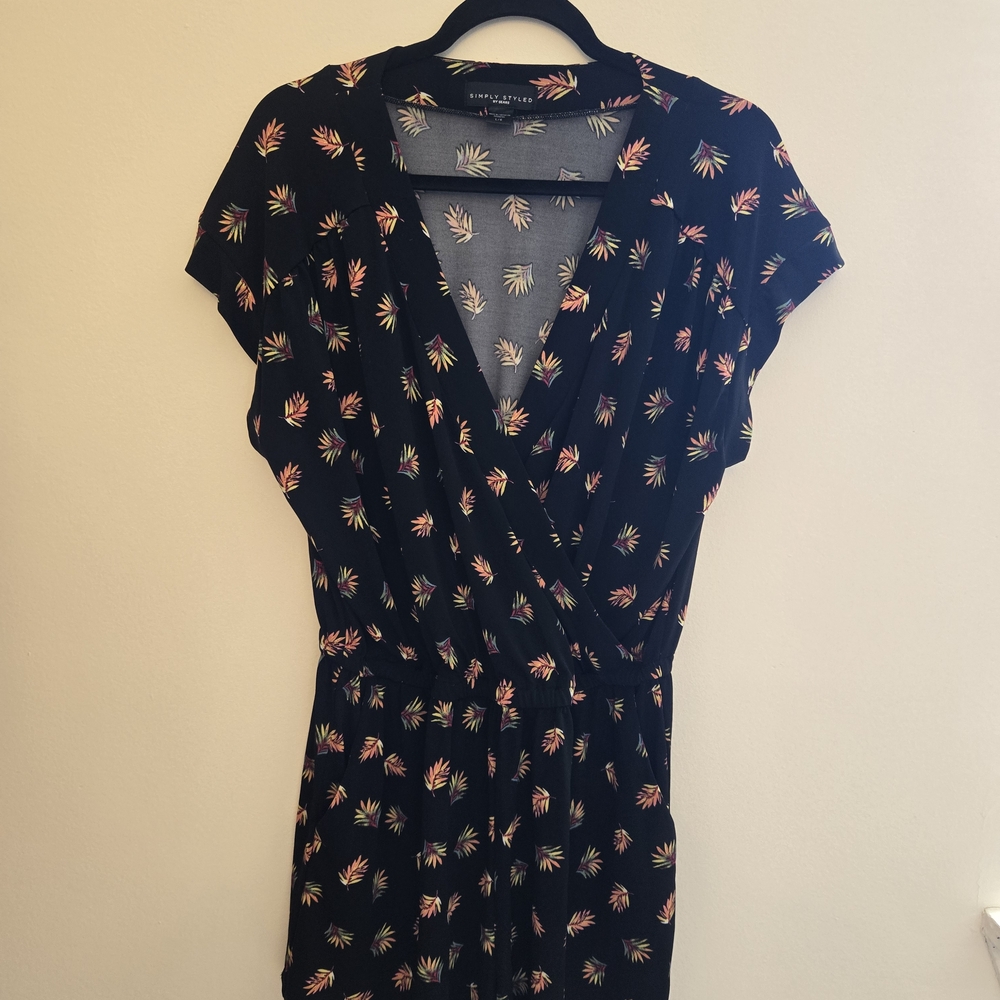 Simply Styled By Sears Black Dressy Romper with Pink and Green Floral Design